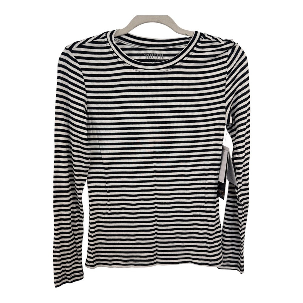 Truth by Republic Womens Striped Long Sleeve Ribbed Crewneck Top Black White S